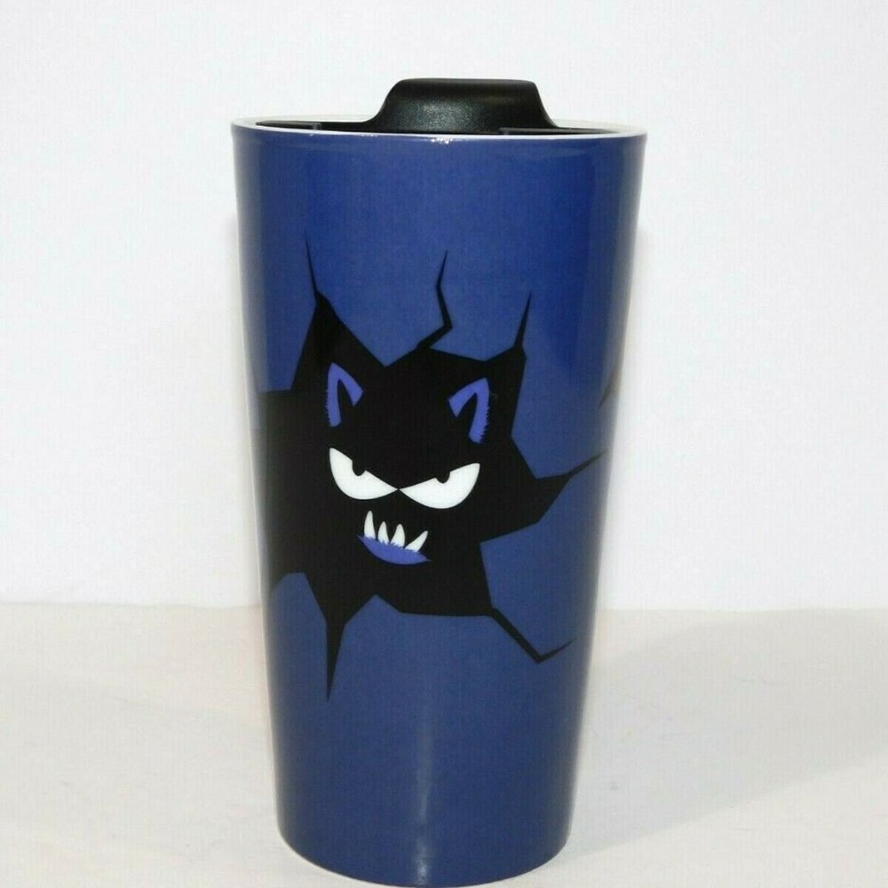 Davids Tea Halloween Twist Ceramic Travel Tumbler Purple Black Spider Cat